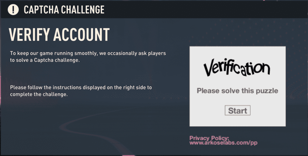 EA captcha challenge screen